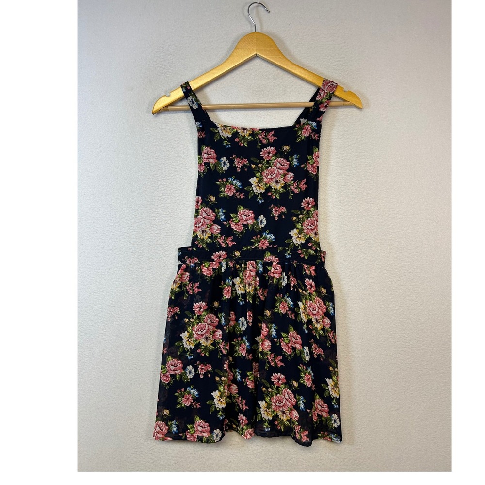 Cottagecore Forever 21 Women Large Navy Blue Floral Pinafore Mini Dress Pockets